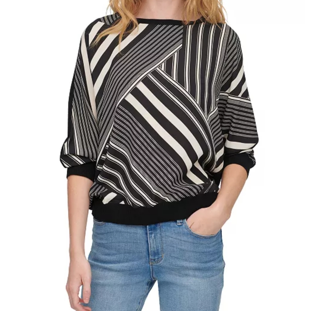 New!!DKNY Printed Mixed-Media Elbow Sleeve Sweater